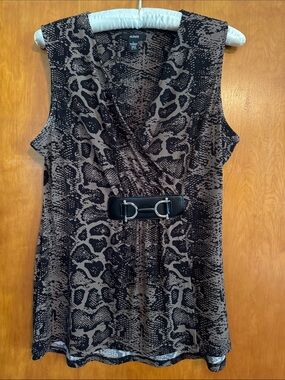 Alfani Black and Brown Sleeveless Snake Print Faux-Wrap Top